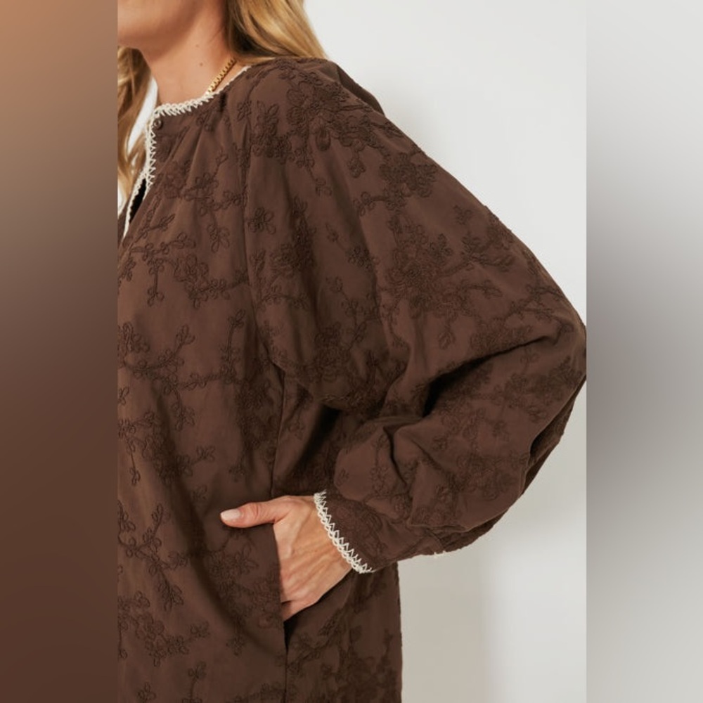 HYACINTH HOUSE Brown Embroidered Trisha Shirt Dress with Pockets Size Large - Picture 4 of 14